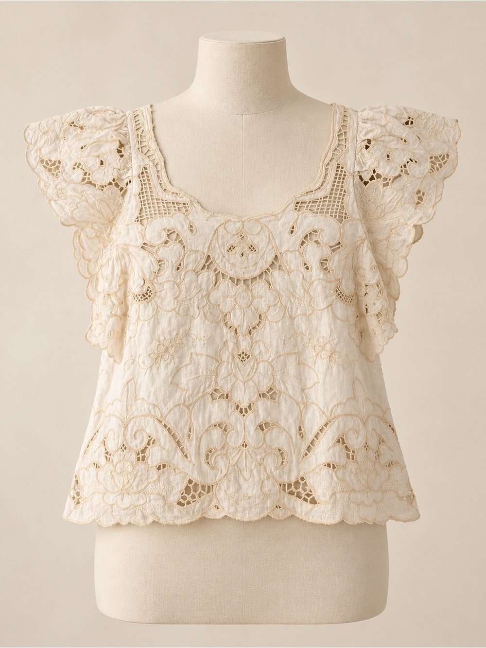 Anthropologie Ivory Floral Embroidered Cutwork Flutter Sleeve Boho Blouse Top S